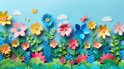 A colorful field of flowers with a blue sky in the background. The flowers are made of paper and arranged in a way that creates a sense of depth and dimension. Scene is cheerful and uplifting