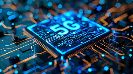 Fototapete - Concept CPU microchip with 5G ai and data network. Close-up view of modern chip gpu card with circuit blue neon lights