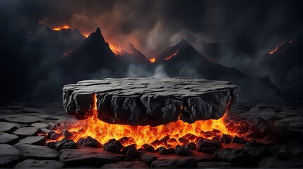  Fire lava podium rock volcano background product magma display 3d scene stone floor. Platform lava podium mountain fire smoke stage hot outdoor ground geometric isolated blast abstract texture meteor
