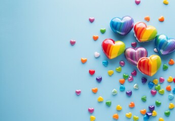Poster - rainbow hearts and candy on light blue background with copy space for text, pride month concept Generative AI