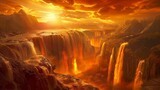Molten volcano with lava waterfalls peaks background