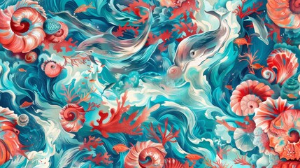 Wall Mural - Vibrant reef energy with seashells dolphins background