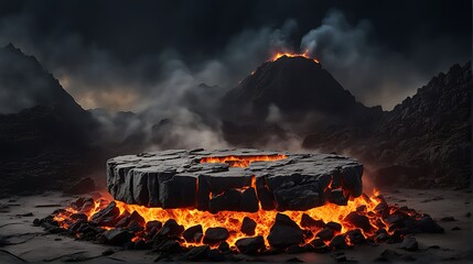  Fire lava podium rock volcano background product magma display 3d scene stone floor. Platform lava podium mountain fire smoke stage hot outdoor ground geometric isolated blast abstract texture meteor