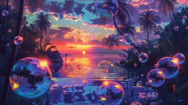 Tropical sunset paints azure waters bubbles shimmer in paradise background