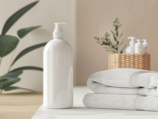 Canvas Print - Blank Empty Shampoo bottle Mock Up With Bathroom Accesories, Generative AI