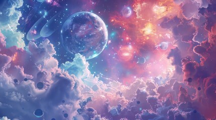 Abstract celestial garden with planets stars and cosmic clouds background