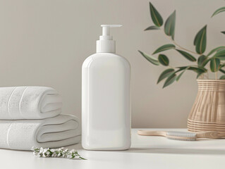 Canvas Print - Blank Empty Shampoo bottle Mock Up With Bathroom Accesories, Generative AI