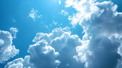 Wall Mural -  Fluffy clouds in blue sky. Bright fluffy clouds against a clear blue sky, creating a serene and peaceful scene. AI generative.