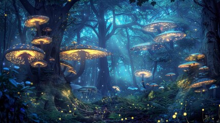 Wall Mural - Glowing mushroom forest bioluminescent fungi ancient trees background