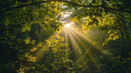 Majestic rays of sunlight breaking through the leaves in a green forest