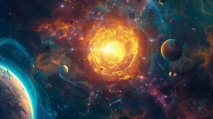 planets and moons dance around central star in celestial carousel background