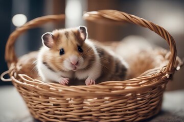 Wall Mural - 'basket hamster little green furry beast animal pet soft brown summer eye ear paw small grass mammal1 young nose washing life'