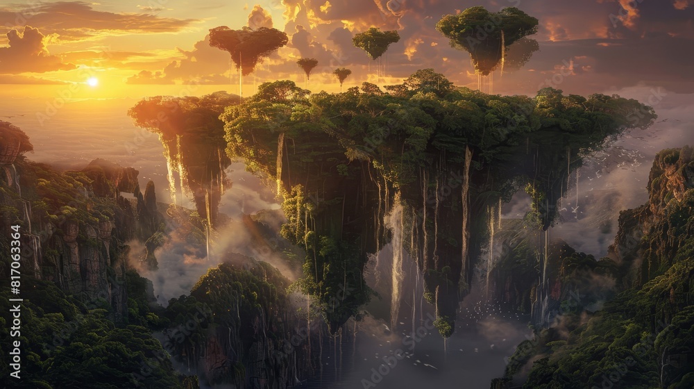 Floating islands with lush greenery and cascading waterfalls under a ...