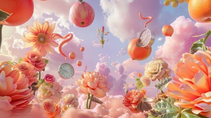 Wall Mural - Dreamscape with oversized fruits flowers and surreal elements background