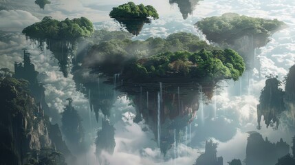 Wall Mural - Surreal scene with floating islands and inverted trees background