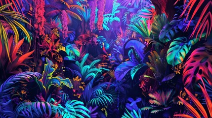 Wall Mural - Neon jungle adventure with glowing plants exotic animals and pulsating geometric patterns background