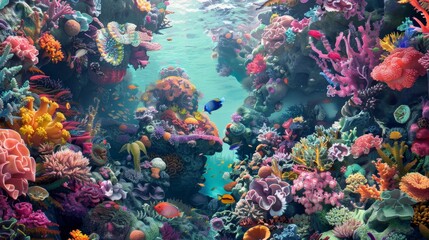 Wall Mural - Surreal coral reef with vibrant corals and exotic fish background