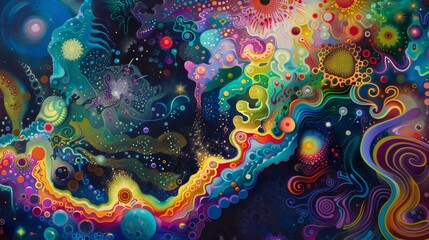 Psychedelic journey through subconscious with swirling patterns and fractal visions background