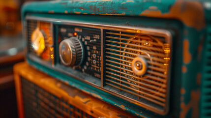 Close-up of a vintage radio with vibrant dials and textured speaker grill, soft lighting 