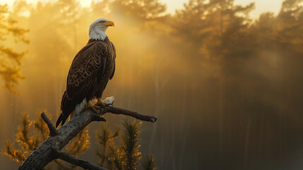'eagle perched stoically on a tree branch, forest background at sunrise'