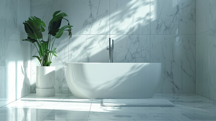 Sticker - 'Stylish bathroom with white marble tiles and chrome fixtures, daylight' 