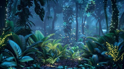 Wall Mural - Bioluminescent tropical rainforest at night digitally interpreted background