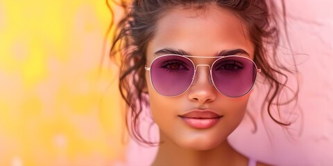 Wall Mural - Purple sunglasses woman in abstract summer portrait. Concept Outdoor Photoshoot, Colorful Props, Abstract Portrait, Purple Sunglasses, Summer Vibes