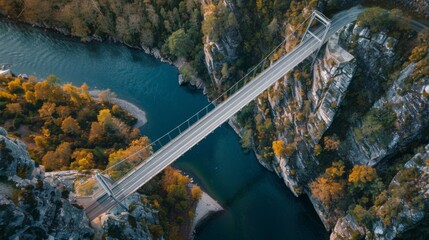 Wall Mural - Aerial view of a modern suspension bridge crossing a winding river against a scenic natural backdrop.