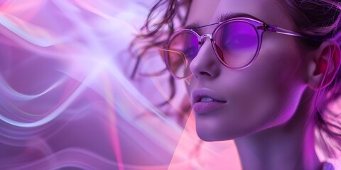 Wall Mural - Woman in Neon s Retro Fashion with Sunglasses on Geometric Background. Concept Fashion Photography, Retro Style, Neon Colors, Geometric Patterns, Sunglasses