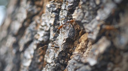 Poster - Ants climbing up a tree trunk, with the rough bark providing a textured background.