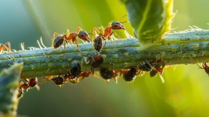 Poster - Ants interacting with aphids on a plant stem, illustrating their symbiotic relationship.