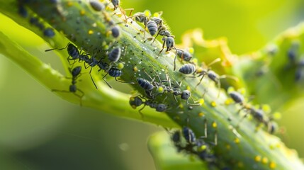Poster - Ants interacting with aphids on a plant stem, illustrating their symbiotic relationship.