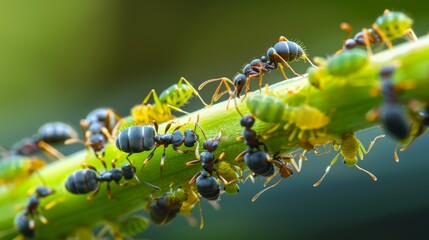 Poster - Ants interacting with aphids on a plant stem, illustrating their symbiotic relationship.