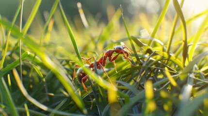 Poster - Ants navigating through blades of grass, providing a sense of scale and their interaction with the environment.