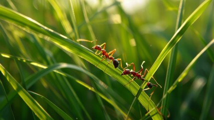 Poster - Ants navigating through blades of grass, providing a sense of scale and their interaction with the environment.