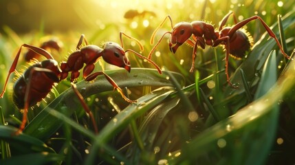 Poster - Ants navigating through blades of grass, providing a sense of scale and their interaction with the environment.