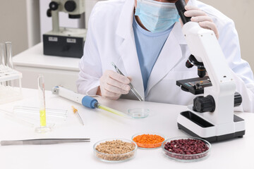 Wall Mural - Quality control. Food inspector examining wheat grain under microscope in laboratory, closeup