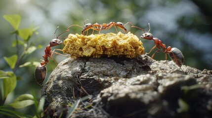 Poster - Ants working together to carry a large piece of food back to their colony, highlighting their teamwork and strength.