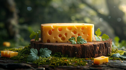 Fresh cheese on a wooden podium on a natural background