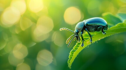 Poster - Beetle climbing on the edge of a leaf, its shiny exoskeleton reflecting the sunlight.