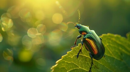 Poster - Beetle climbing on the edge of a leaf, its shiny exoskeleton reflecting the sunlight.