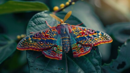 Poster - Brightly colored moth resting on a leaf, with detailed patterns on its wings.