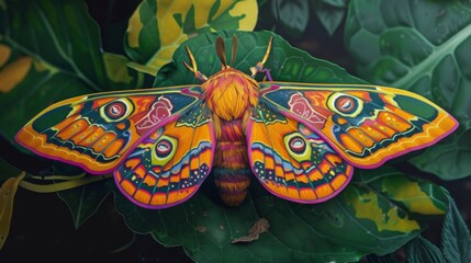 Poster - Brightly colored moth resting on a leaf, with detailed patterns on its wings.