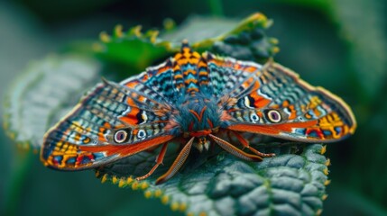 Poster - Brightly colored moth resting on a leaf, with detailed patterns on its wings.