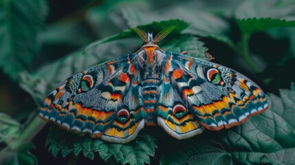 Poster - Brightly colored moth resting on a leaf, with detailed patterns on its wings.