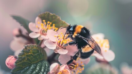 Fototapete - Bumblebee collecting pollen from a leaf, surrounded by blooming flowers.