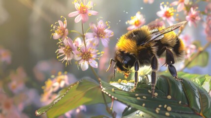 Fototapete - Bumblebee collecting pollen from a leaf, surrounded by blooming flowers.