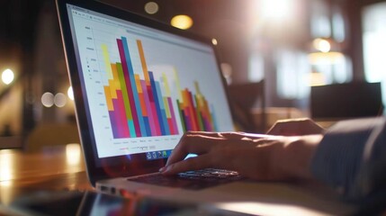 Fototapete - Business professional analyzing a colorful bar graph on a laptop screen in a modern office setting.