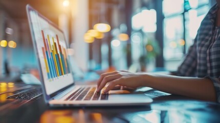 Fototapete - Business professional analyzing a colorful bar graph on a laptop screen in a modern office setting.