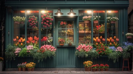 facade of a flower shop, green, tulips, hyacinths